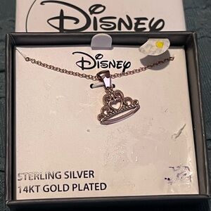 Disney Sterling Silver 14KT Gold Plated Tiara Pendant 16” + 2” Chain Necklace